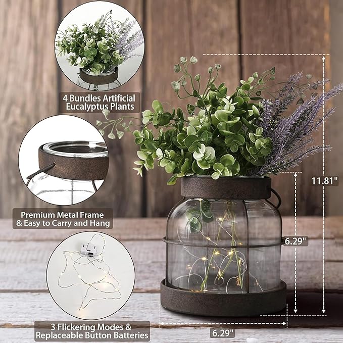 Vintage Glass Farmhouse Vase, Rustic Lantern Decor with Plants Lavenders Lights Vintage Style Vase for Home Decor Floral Arrangement Housewarming Hostess Gift