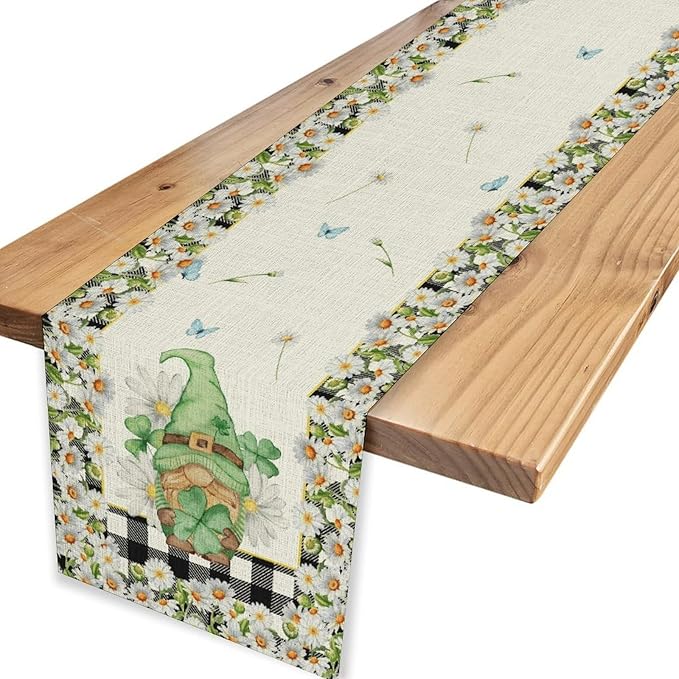 Daisy Gnome Table Runner, Butterfly Truck Buffalo Plaid Yellow Summer Farmhouse Decor for Family Kitchen Farmhouse Holiday Party Table Decorations Indoor Outdoor 13x108 inch