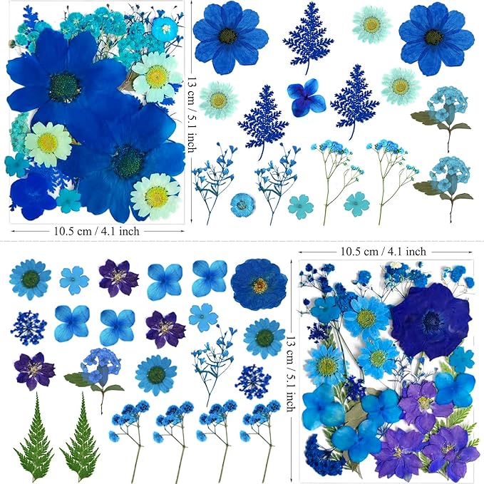94Pcs Blue Dried Pressed Flowers for Resin Molds, Assorted Real Natural Bulk Dry Floral Leaves for DIY Art Crafts, Epoxy Jewelry, Candle, Soap Making, Nails Decors Gifts
