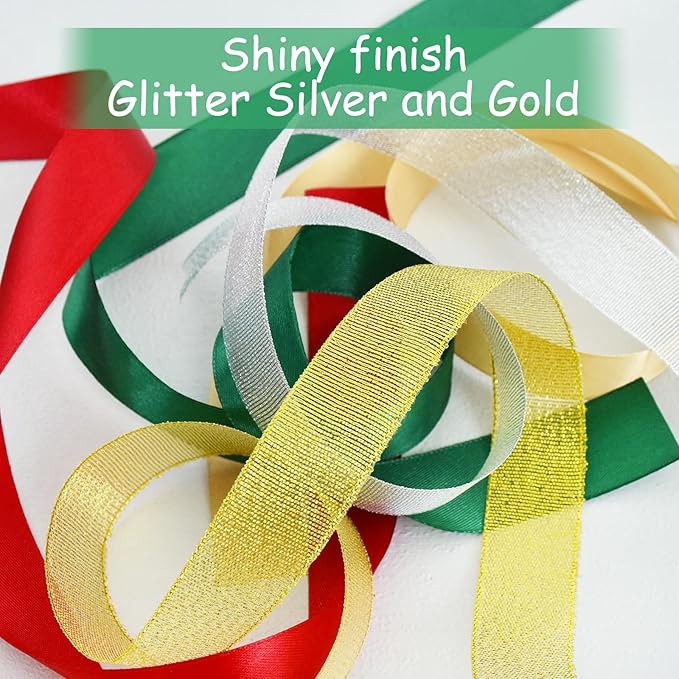 TONIFUL 5 Colors Christmas Ribbon 1 Inch x 125 yds Solid Glitter Satin Ribbon Set for Crafts Gifts Wrapping Ornaments Hanging Christmas Tree Decorations