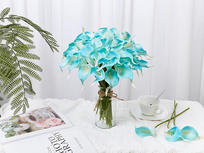 24 Pcs Artificial Calla Lily Flowers Fake Silk Flowers Real Touch for Wedding Bouquet Office Home Kitchen Decor (Peacock Blue)