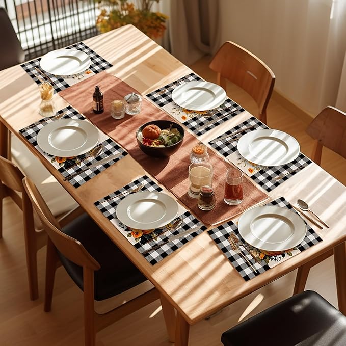 Pumpkin Plaid Placemats Set of 6,Washable Heat Resistant 12×18 Inch Linen Table Mats Fall Place Mats for Party Outdoor Dining Décor