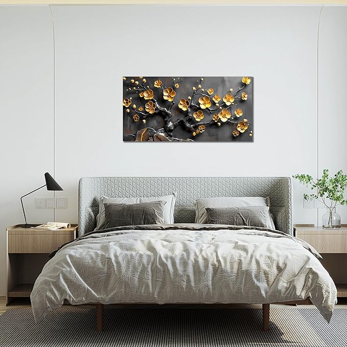 Large Canvas Wall Art for Living Room Bedroom Home Office Grey and Gold Metal Color Plum Blossom Picture Modern Canvas Prints Framed Wall Decor Size 20x40