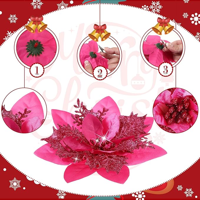 Geosar 36 Pcs Christmas Glitter Artificial Poinsettia Flowers Xmas Poinsettia Artificial Wedding Flowers Decorations Xmas Tree Ornaments with Clips for Party, 6 Inch, 4 Inch, 3 Inch(Peach Red)