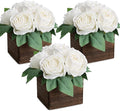 Dining Table Centerpiece Set of 3 - Pre-Made Aritifial Rose with Wooden Vase Fake Floral Arrangment Faux Flower for Wedding Bridal Tea Party Event Decorations - White