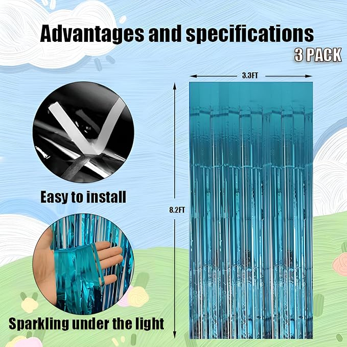 Keyali 3 Pack 3.3 * 8.3 ft Foil Curtain Metallic Tinsel Fringe Curtains Photo Booth Props Backdrop for Birthday Wedding Engagement Baby Shower Christmas Holiday Celebration Partyl,Light Blue