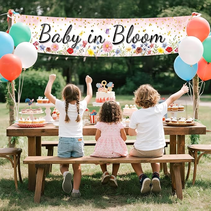 Pink Coral Baby in Bloom Baby Shower Banner, Floral Watercolor Floral Design, Party Decoration, 180x33 cm