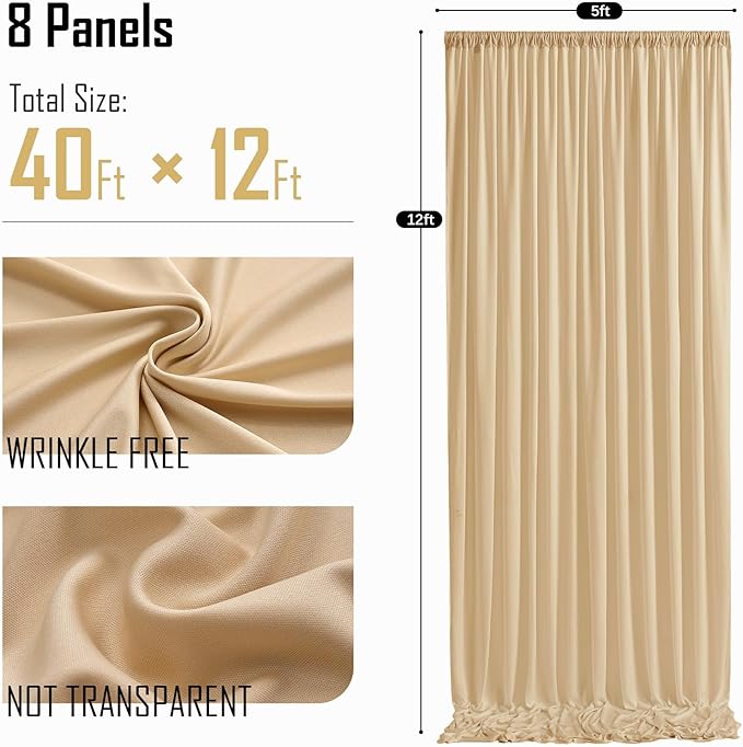 gogoparti 40ft x 12ft Beige Wrinkle-Free Backdrop Curtain for Wedding Parties, Thick Polyester 4 Panels 5x12ft for Wedding Birthday Baby Shower Halloween Photography Party Background