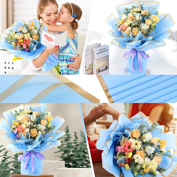 YIDATIKER 20 sheet Flower Wrapping Paper,waterproof floral wrapping paper for bouquets,DIY Florist Supplies Packaging Paper with satin ribbon for Wedding,Birthday,Valentine's Day(Blue