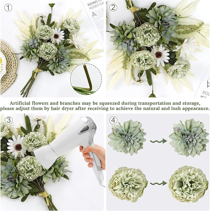 Dremisland Artificial Flowers Bouquet Silk Floral Arrangements Faux Flowers Plant for Home Decor Wedding Bride Bouquets Floral Tables Centerpieces for Home Decor Indoor Vase Table Decor (Green)