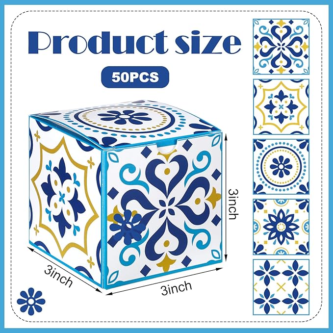TecUnite 50 Pcs 3x3x3'' Amalfi Coast Party Gift Boxes Amalfi Coast Party Favor Candy Boxes Decorations Small Blue Yellow Paper Packaging Bags for Wedding Birthday Baby Shower Supplies