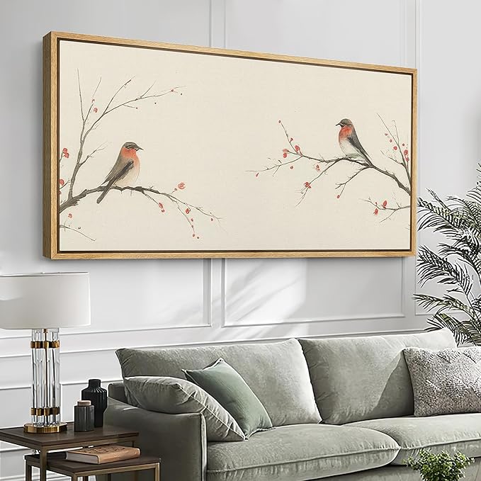 SIGNFORD Extra Large Framed Canvas Print Wall Art Minimalist Birds on Branches with Red Berries Illustrations Modern Art Relax/Calm Warm for Living Room, Bedroom, Office - 60"x30"