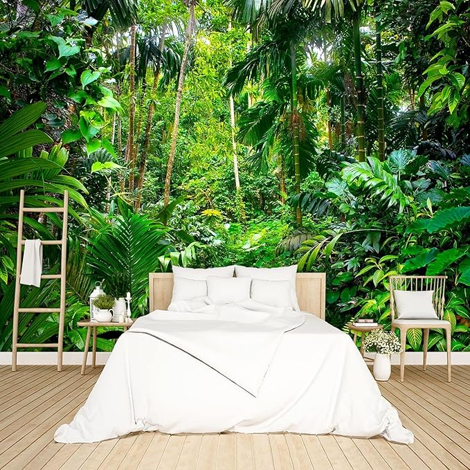 Tropical Rainforest Botanical Wallpaper Bedroom Green Leaf Plant murals Aesthetic Room Decor Living Room tv Background Large Wall Mural - 183"x120" Not Peel and Stick