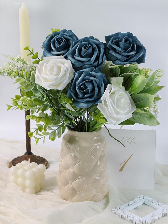 Meldel Artificial Flower Rose 25pcs Real Looking Blue Fake Foam Roses with Stems for DIY Wedding Bouquets Gifts Bridal Shower Faux Floral Centerpieces Arrangements Home Party Tables Decorations