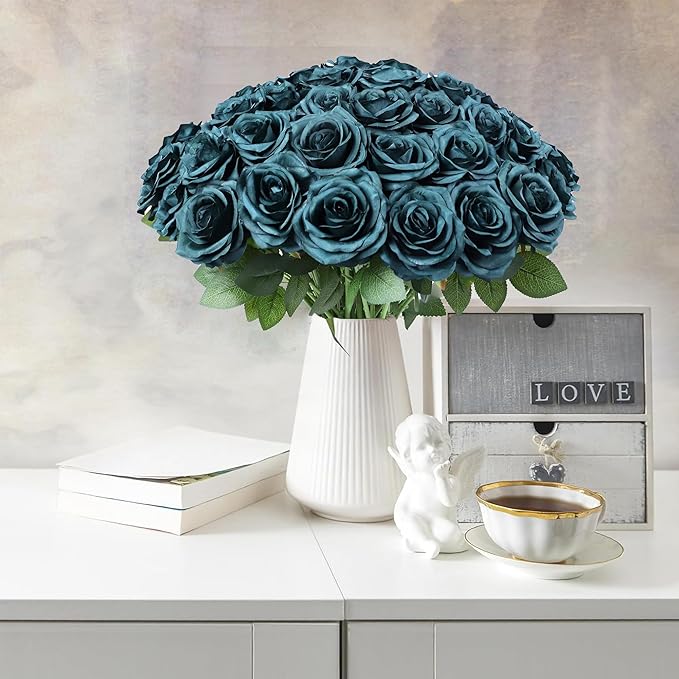 50pcs Artificial Rose Flower Dark Green Rose Emerald Green Flower with Long Stem Silk Roses Bouquet for Wedding Bridal Shower Party Home Decoration