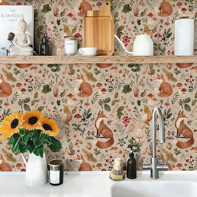 Animal Peel and Stick Contact Paper Moody Fox Rabbit Mushroom Botanical Leaf Removable Wallpaper 17.7" x 118.11" Wall Paper Watercolor Self Adhesive for classroom Bedroom laundry room bathroom