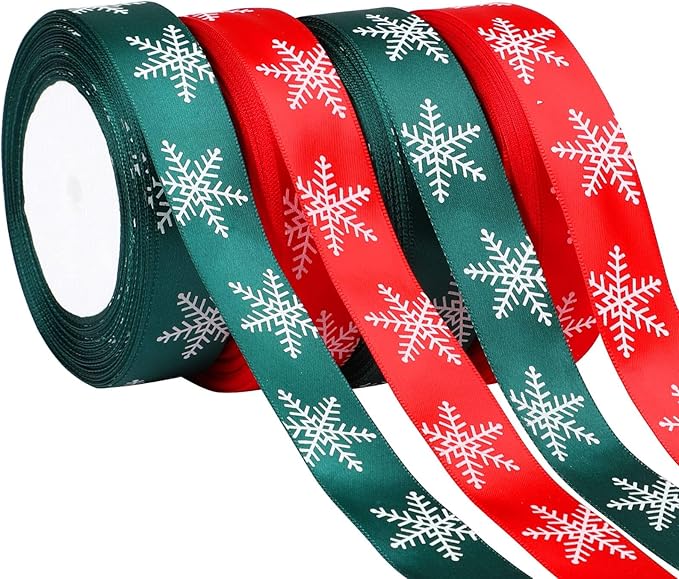 DECYOOL 4 Rolls 100 Yards Christmas Snowflake Ribbons for Gift Wrapping, 25mm Wide Red and Green Satin Ribbon for Festival Holiday Party Decorations DIY Crafts