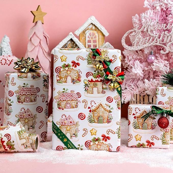 MAYPLUSS Christmas Wrapping Paper Roll - 17 Inch X 33 Feet - Cute Pink Gingerbread House Reversible Candy Cane Gift Wrapping Paper, Thick Gift Wrap Paper for Holiday Party New Year Kids