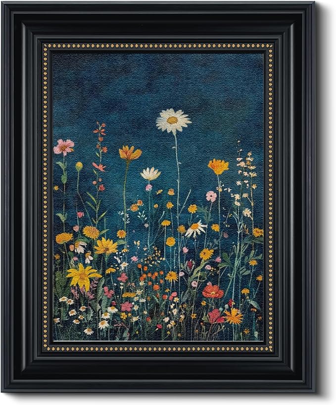 WHASAYART Vintage 3D Textured Botanical Floral 16x20 Framed Wildflower Wall Art, Rustic Dark Blue Colorful Flower Artwork, Retro Vibrant Painting Living Room Kitchen Bedroom Hallway Home Decor