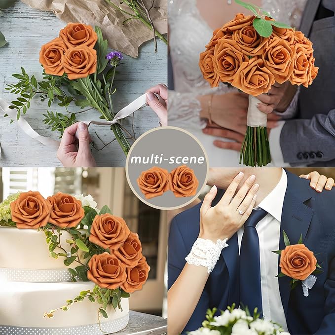 Artificial Flowers Roses Real Looking Foam Fake Roses with Leaves and for DIY Wedding Bouquets Bridal Shower Centerpieces Party Decorations (Gold Sparrow, 200)