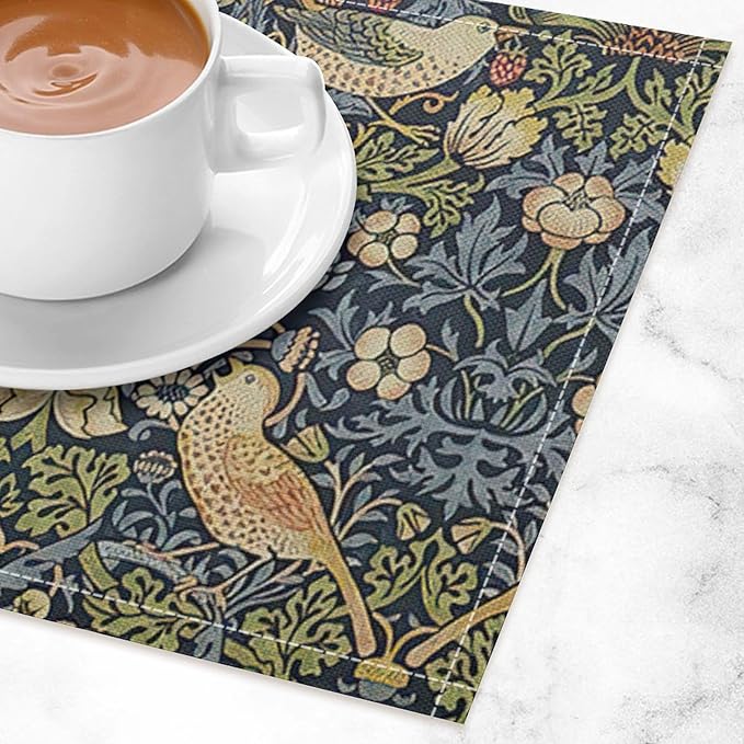 William Morris Floral Placemats Set of 4, Vintage Flower Strawberry Birds Place Mats, Heat Resistant Non Slip Cotton Linen Dining Table Mats for Home Kitchen Party 18x12 Inch