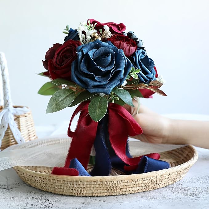 ponatia Navy Blue Wedding Bouquets for Bride Bridesmaid, BurgundyWedding Artificial Roses Flowers for Wedding Bouquets Ceremony, Anniversary (Burgundy & Navy Blue)