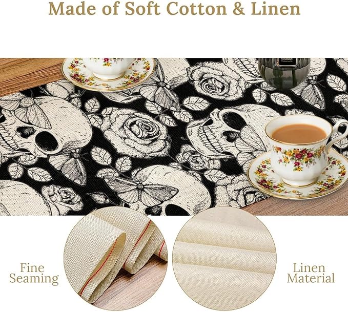 Gothic Table Runner,Black White Skeleton Flower Moth Print Table Runner for Home Kitchen Table Dining Garden Farmhouse Wedding Party Decor 13x36 Inch