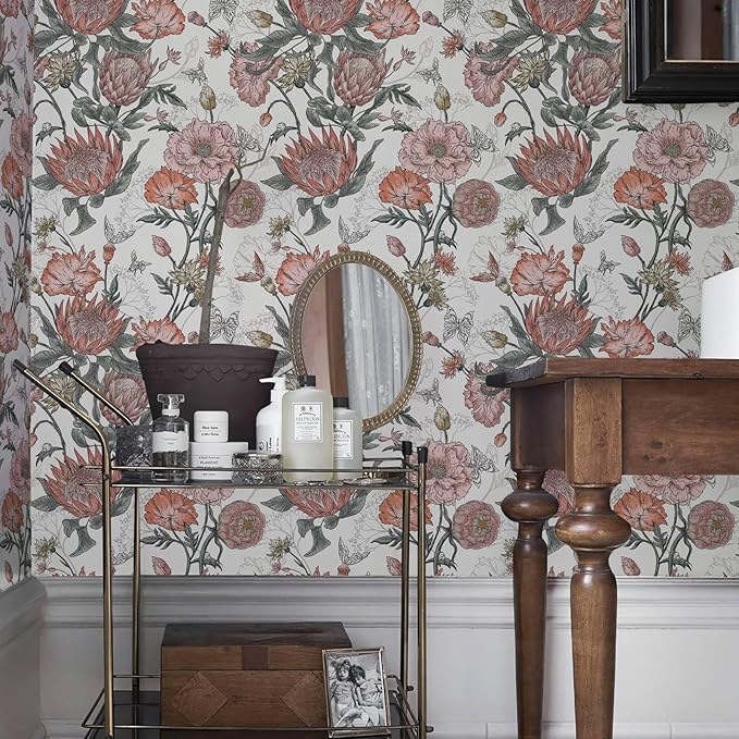 Floral Wallpaper Peel and Stick Floral Contact Paper White and Pink Vintage Wall Paper Removable Self Adhesive Vinyl Stick on Wallpaper for Bathroom Bedroom Decor 17.3in x 118in