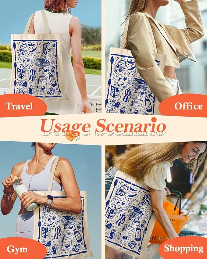 Aesthetic Canvas Tote Bag with Pattern for Women, Funny Groovy Blue Doodle Western Food Art Style Design, Casual Cloth Cotton Totes Bag for Vacation, Shopping, Grocery, Gym