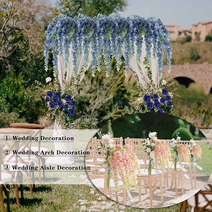Dailisen 3 Strands 40'' Silk Blue Wisteria Artificial Flowers, Fake Wisteria Floral Hanging Plant Garland, for Home Decor, Party, Floor Vase, Balcony, Wedding Arrangement Decoration (Blue)