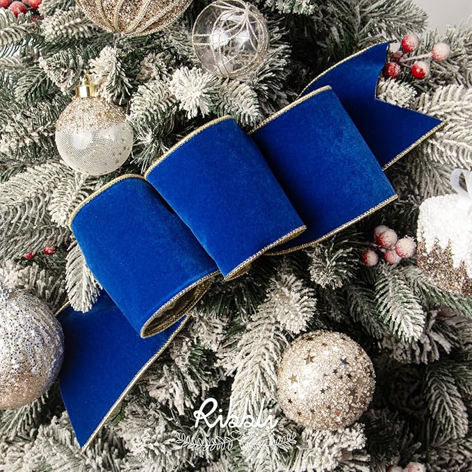 Ribbli Royal Blue Velvet Wired Ribbon 4 Inch Luxury Matte Velvet Christmas Ribbon for Gift Wrapping Christmas Tree Decoration Crafts Wreaths Supplies - 10 Yards