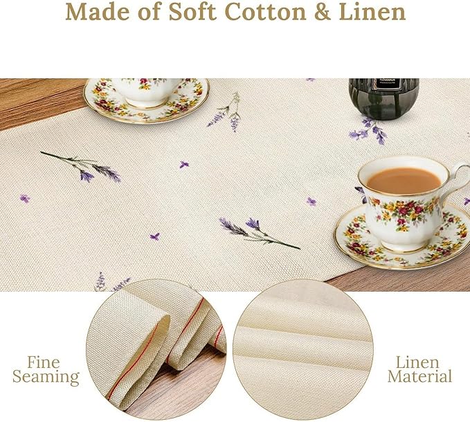 Purple Floral Table Runner, Spring Summer Watercolor Lavender Flower Wildflower Country Farmhouse Coffee Table Center Decor for Home Kitchen Dining Patio Holiday Party Table Decorations 13x36 inches