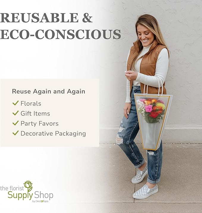 14 Reusable Floral Vase Bag for Bouquets - Portable Flower Bouquet Bags with Ventilation Holes and Ergonomic Handles, Gift-Ready, Tuxedo Gold