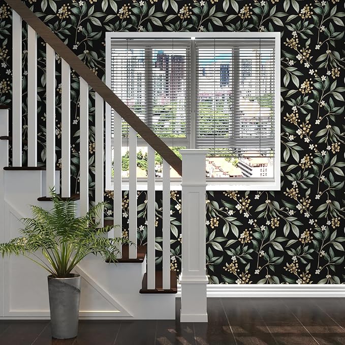 Dark Peel and Stick Wallpaper Vintage – Dark Green Leaf Removable Self-Adhesive Vinyl for Bathroom Bedroom Kitchen Drawer Cabinet, Black Green Gold Floral Wall Decor Retro Style 17.5" x 118"