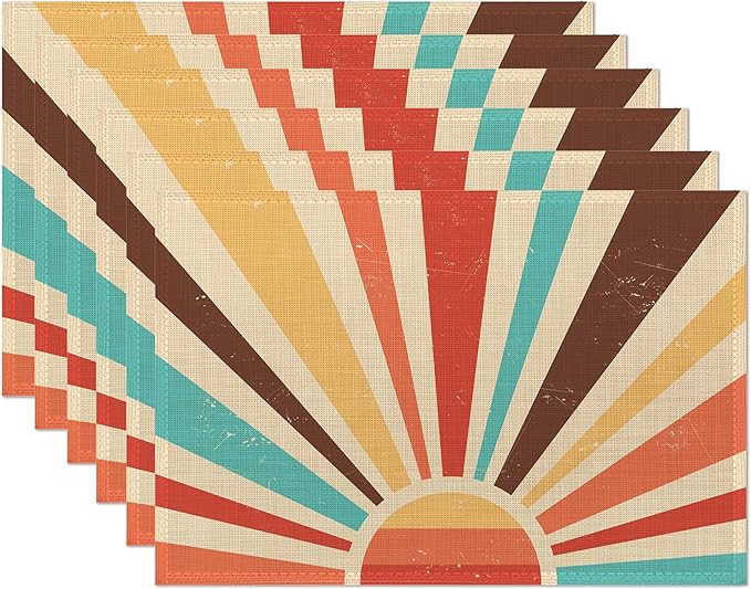 Vintage Sun Placemats Set of 6,Sunrise Sunset Table Mats Non-Slip Heat Resistant Washable Placemat for Party Kitchen Dining Table Decoration Indoor Outdoor