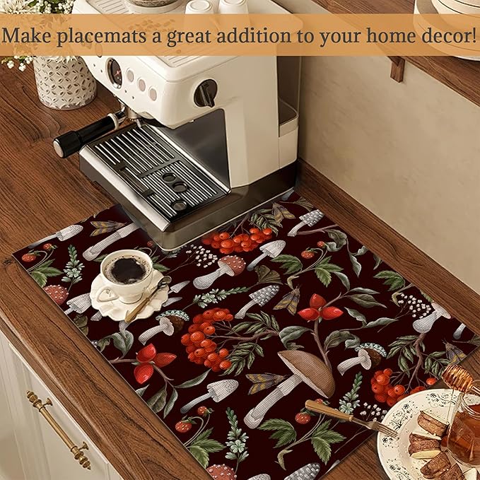 Mushrooms Berries and Plants Placemats Set of 6 Washable Table Mats for Kitchen Dining Table,Heat-Resistant Botanical Place Mats for Indoor Outdoor Party Holiday Decoration