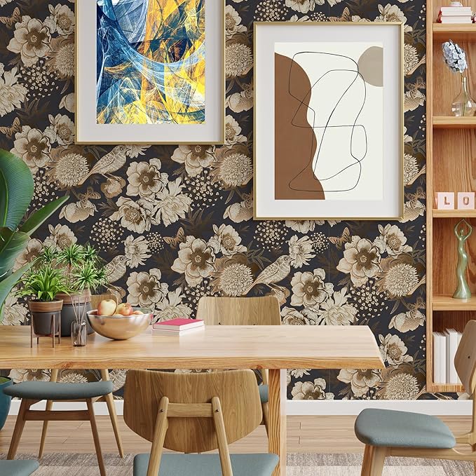 Floral & Birds Peel and Stick Wallpaper Antique Gold Dark Self Adhesive Removable Floral Wallpaper for Bedroom Renter Friendly Floral Contact Paper for Bedroom Bathroom Walls Shelf Liner 17.7"x236.2"