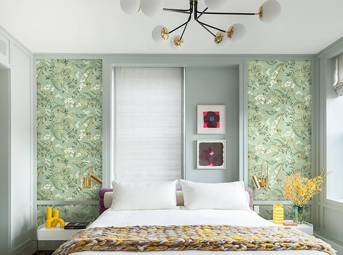 Guvana 16.14"x197" Peel and Stick Wallpaper Floral and Leaf Contact Paper Boho Self Adhesive Wallpaper Flower Contact Paper DIY Removable Wallpapers for Livingroom Wall Decor(Light Green Background)
