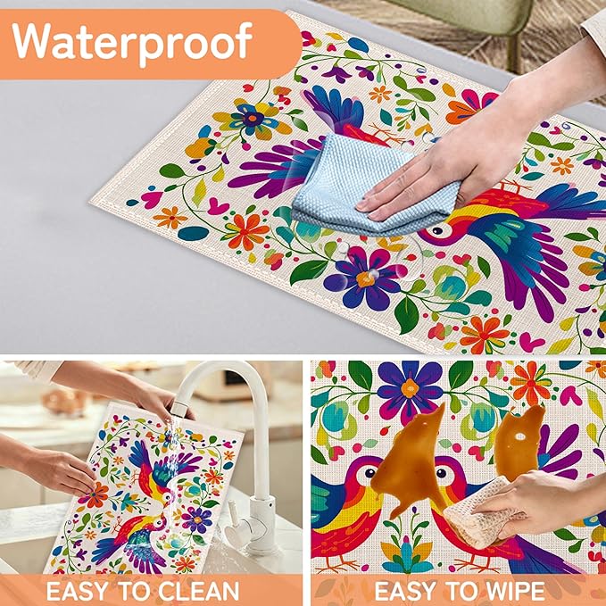 Colorful Bird Table Mats Set of 6,Mexican Style Non-Slip Washable Placemats for Restaurant Home Kitchen Dinner Table 12x18Inch