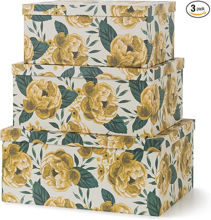 Soul & Lane Decorative Cardboard Storage Boxes with Lids for Home Decor and Organization, Set of 3 Large Keepsake Boxes for Memories & Gifts, Nesting Floral Photo Storage Containers, Golden Peony