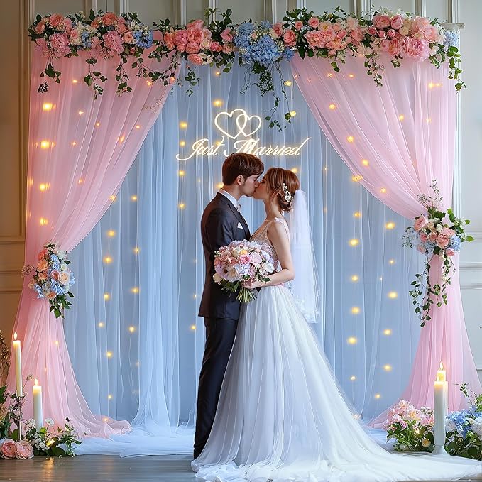 10x10ft Pink Blue Tulle Backdrop Curtain with Lights String for Parites, Sheer Backdrop Curtains for Wedding Baby Shower Birthday Party Photo Shoot Decorations