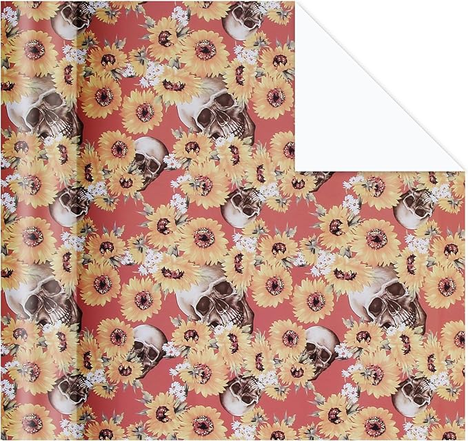 Aimyoo Orange Skull Floral Wrapping Paper Roll 17 in x10ft, Horror Gothic Halloween Wrap Paper