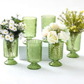 6 Pcs (H:7" W:4") Embossed Flower Vase Fall Pedestal Glass Vase Big Base Thickened Crystal Vintage Vases for Autumn Wedding Home Decor Table Centerpiece House Warming Gifts(Green)