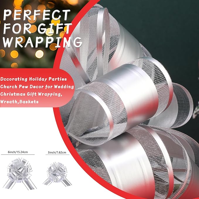 40 Pieces 6 Inches and 3 Inches Pull Bow Wrapping Pull Bow Ribbon Pull Bows for Wedding Baskets,Large Bows for Presents. (Silver)