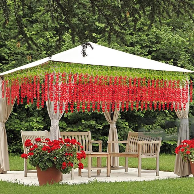 Artificial Wisteria Hanging Flowers Fake Wisteria Flower Garland Silk Vines Rattan Decor for Home Wedding Arch Wall Garden Greenery Bedroom Outdoor Office Party Decoration(24, Red)