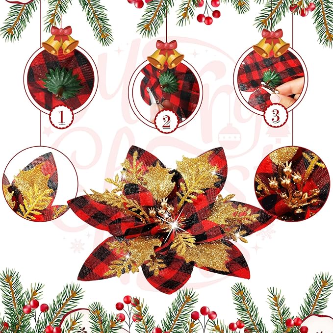 36 Pcs Christmas Glitter Artificial Poinsettia Flowers Xmas Poinsettia Artificial Wedding Flowers Decorations Xmas Tree Ornaments with Clips for Party, 6 Inch, 4 Inch, 3 Inch(Red, Black, Gold)