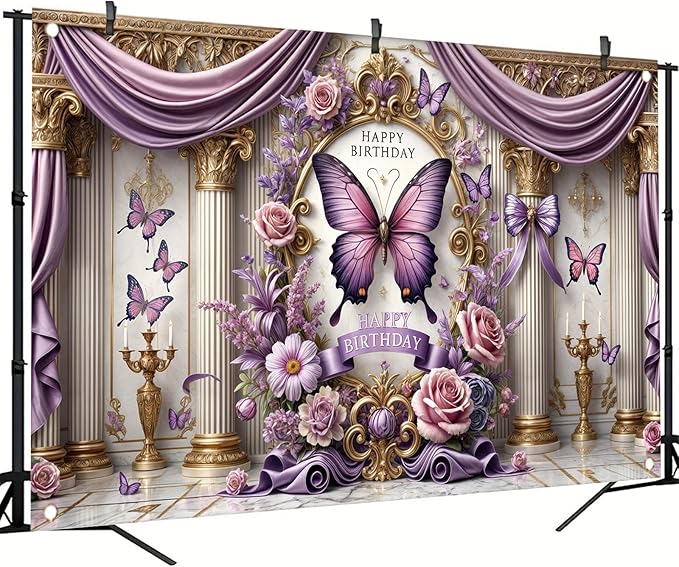 Floral Birthday Backdrop Banner for Girls Spring Butterfly Happy Birthday Photography Background Pink Flower Blossom Plant Pastel Lovely Princess Banner Photo Booth Studio 70.8 x 43.3 Inch