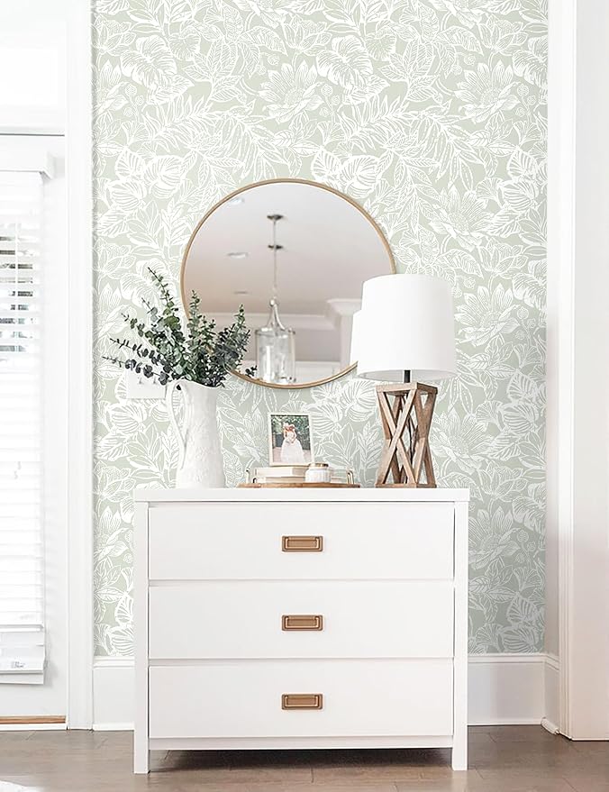 Peel and Stick Wallpaper Modern Wall Paper Green Boho Contact Paper Bedroom Bathroom Wallpaper Peel and Stick Light Green Tropical Leaf Removable Self-Adhesive Wall Decor 17.3" x 118"