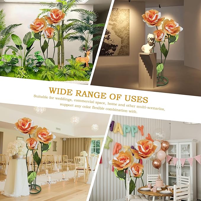 3pc Big Artificial Paper Flowers Wedding Decorations, Giant Rose Flower with Stems for Wedding, Arrangements Party Home Display Baby Shower Photographic Props Mall Display (Orange)