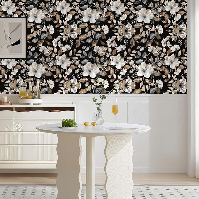 Vintage Dark Black Floral Peel and Stick Wallpaper Modern Botanical Flower Waterproof Removable Self Adhesive Vinyl Contact Wall Paper for Farmhouse Bathroom 17.7" X 124" Roll